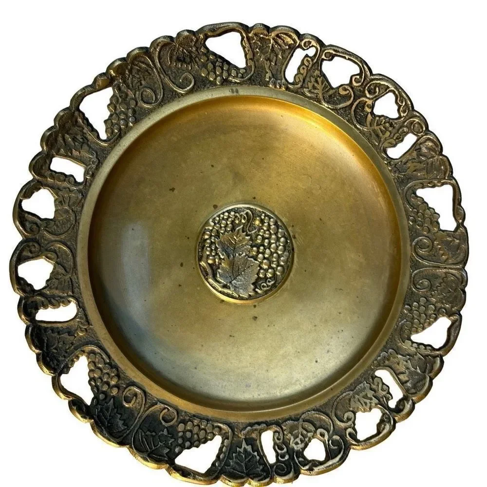 vintage brass cut out dish / brass dish with raised relief grape pattern / vinta